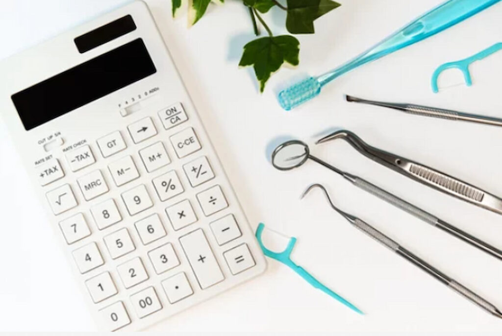 calculator and oral hygiene items