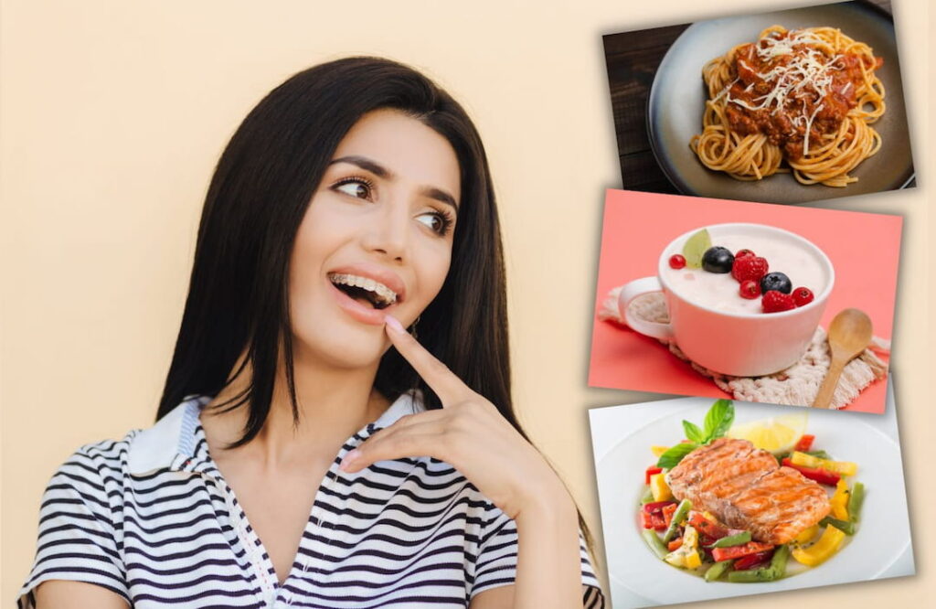 a woman with braces and various dishes