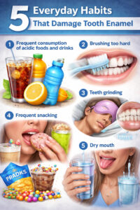 Infographic showing five everyday habits that damage tooth enamel including acidic drinks, aggressive brushing, teeth grinding, frequent snacking, and dry mouth, explained by OC Dental Center in Santa Ana.