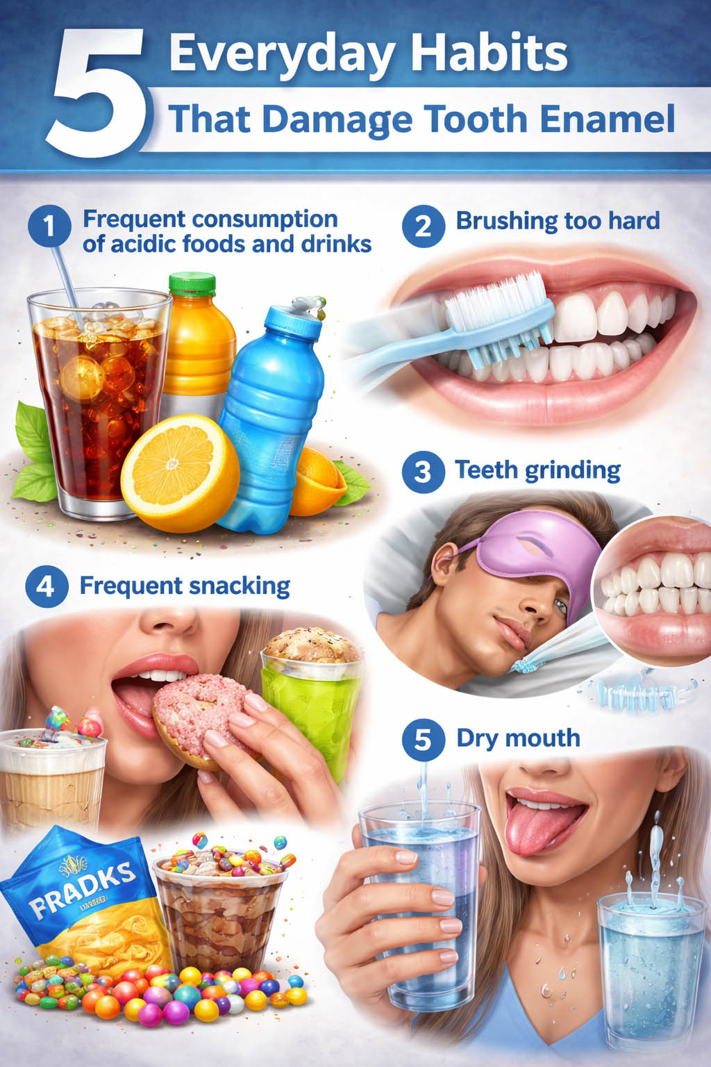 Infographic showing five everyday habits that damage tooth enamel including acidic drinks, aggressive brushing, teeth grinding, frequent snacking, and dry mouth, explained by OC Dental Center in Santa Ana.