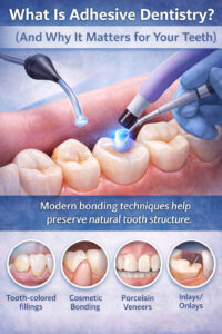 Illustration of adhesive dentistry showing a tooth-colored filling being bonded to a tooth, highlighting minimally invasive dental treatment at OC Dental Center in Santa Ana.