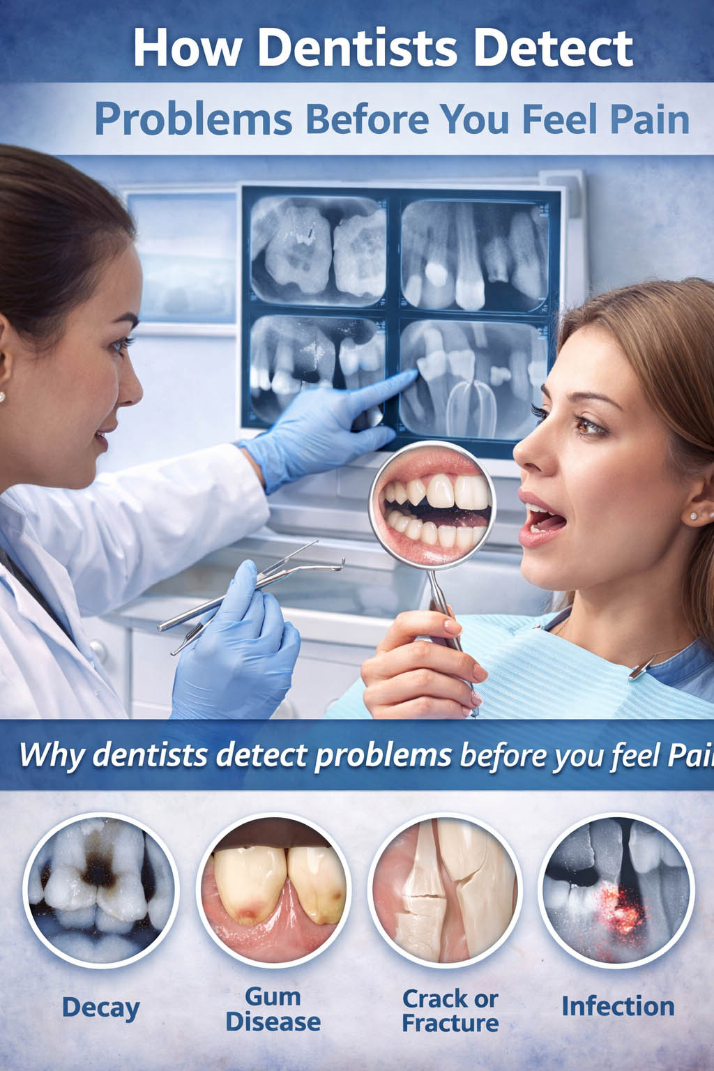 Dentist reviewing dental X-rays with a patient to detect early signs of tooth decay, gum disease, and structural issues before pain develops at OC Dental Center in Santa Ana.