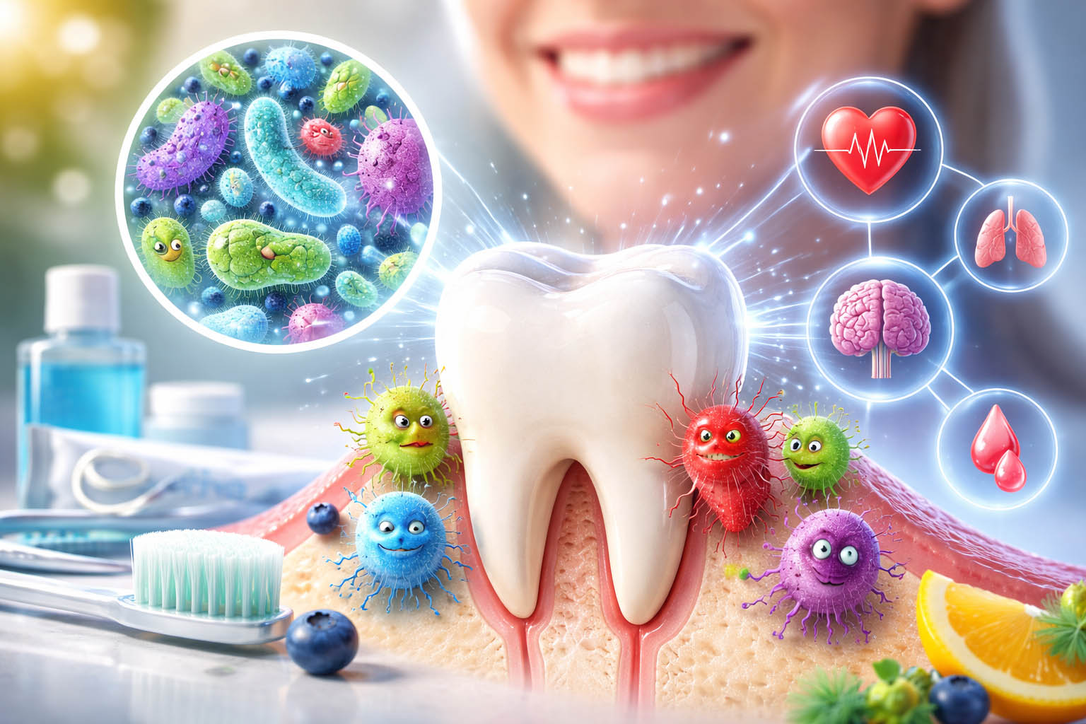 Illustration of the oral microbiome showing beneficial and harmful bacteria around a healthy tooth, highlighting the connection between oral bacteria and overall health explained by OC Dental Center in Santa Ana.