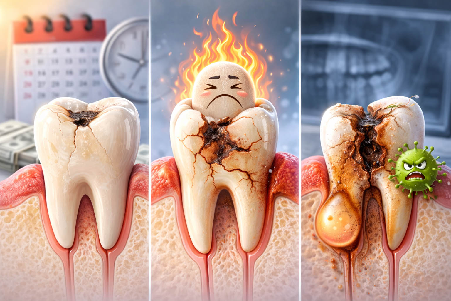 Illustration showing the progression of untreated tooth decay from a small cavity to severe infection, representing what can happen when dental treatment is delayed at OC Dental Center in Santa Ana.