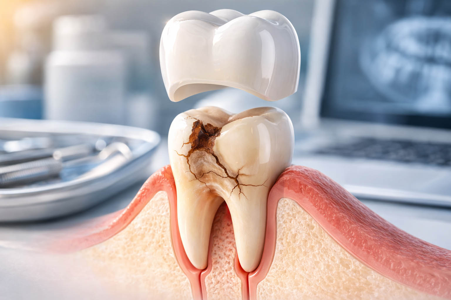Illustration of a cracked tooth being restored with a dental crown, showing how crowns protect and strengthen damaged teeth at OC Dental Center in Santa Ana.