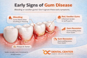 Early signs of gum disease showing red swollen gums and bleeding around teeth Santa Ana dental clinic