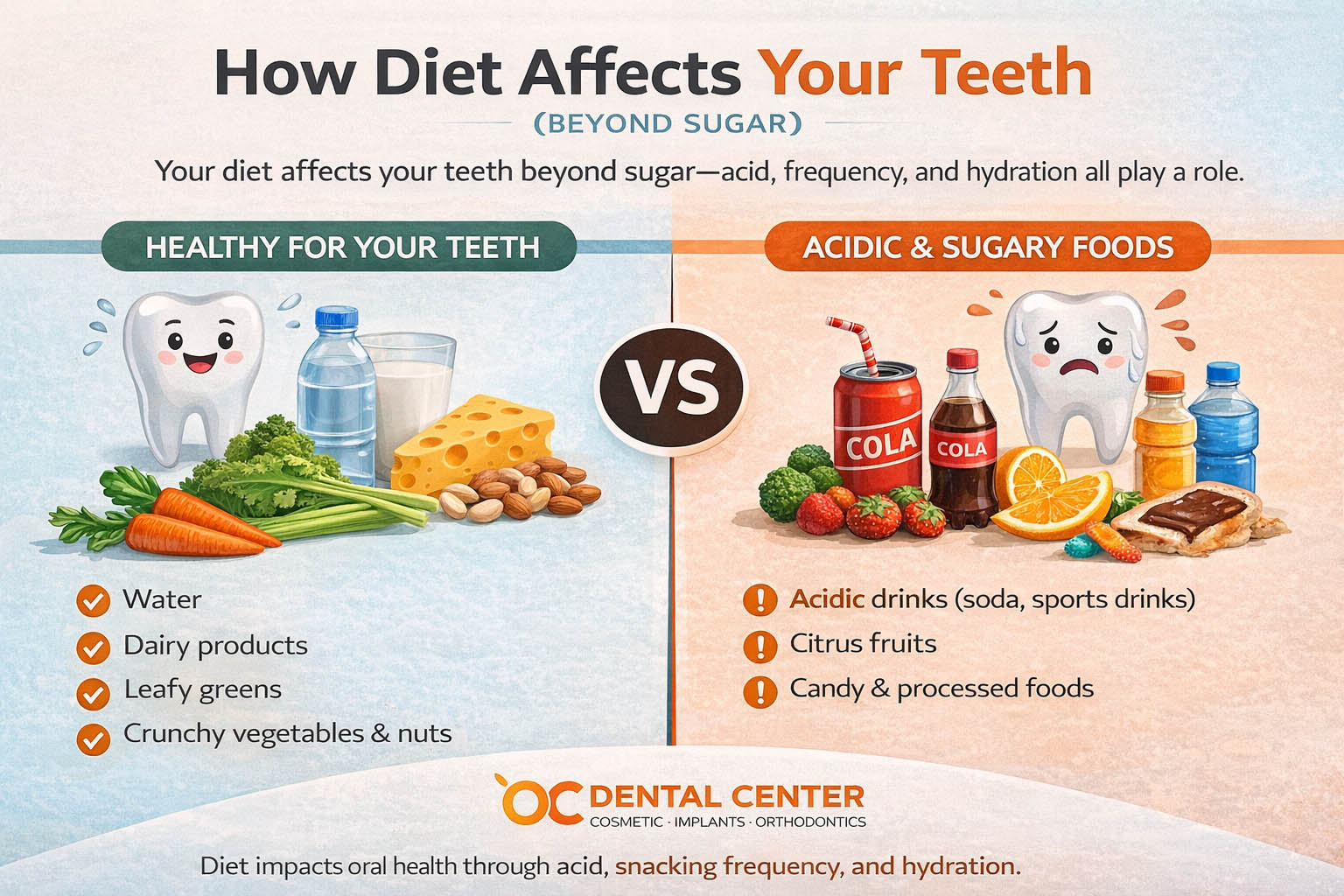 Healthy and unhealthy foods comparison affecting teeth including acidic drinks and tooth friendly foods Santa Ana