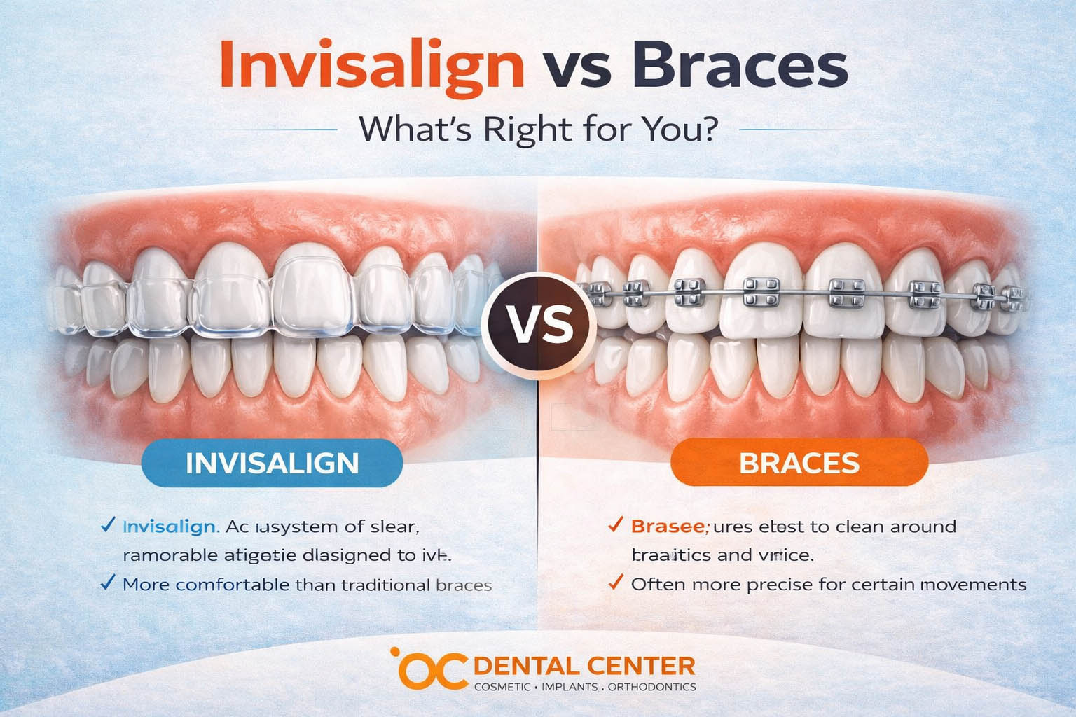 Invisalign vs braces comparison showing clear aligners and metal braces on teeth Santa Ana dental office