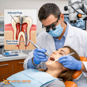 Dentist performing root canal treatment on patient in Santa Ana dental office with modern equipment