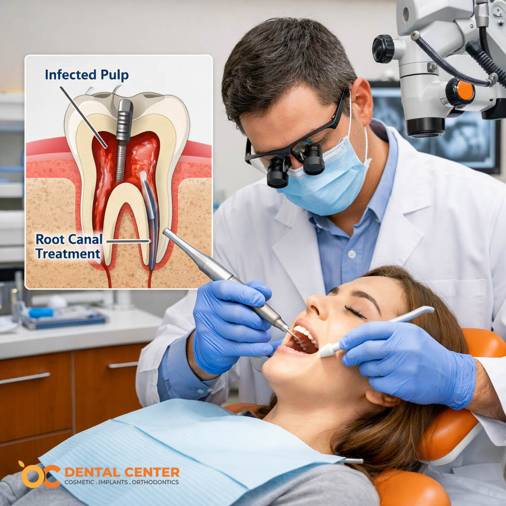 Dentist performing root canal treatment on patient in Santa Ana dental office with modern equipment