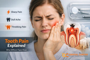Tooth pain types chart showing sharp dull and throbbing pain with dental causes in Santa Ana dental office setting